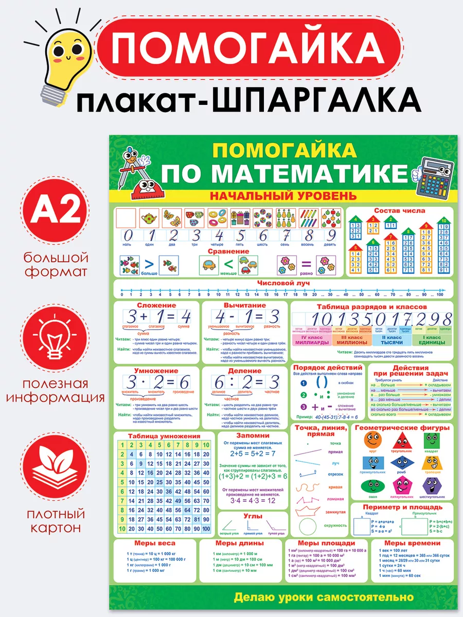 Плакат Помогайка по математике начальный уровень шпаргалка ТМ Помогайка  купить по цене 34 300 сум в интернет-магазине Wildberries в Узбекистане |  14901643