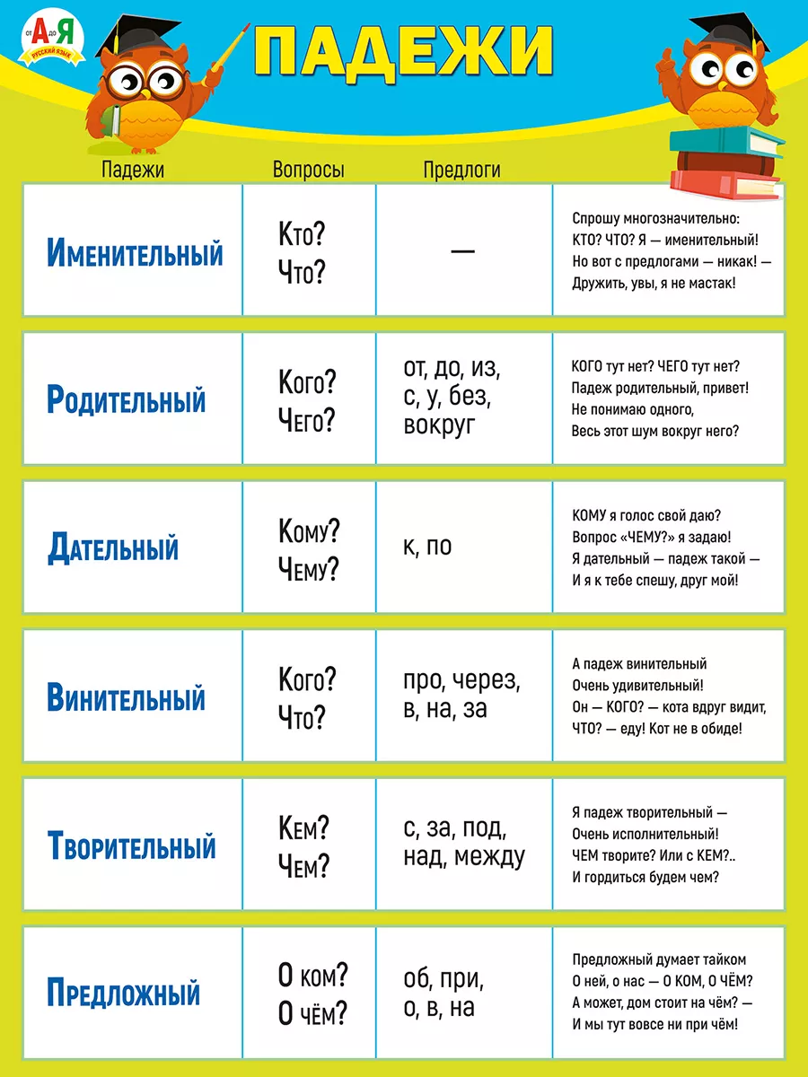 Падежи склонение плакат на стену по русскому языку для школы