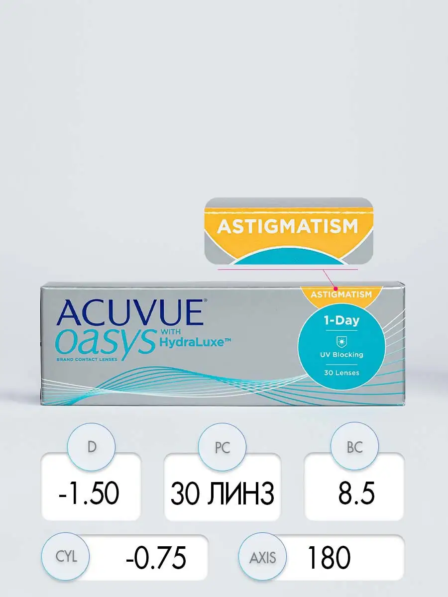 Астигматические линзы OASYS 30 линз R 8.5 D -1.50 CYL -0.75 ACUVUE купить  по цене 2 689 ₽ в интернет-магазине Wildberries | 14937355