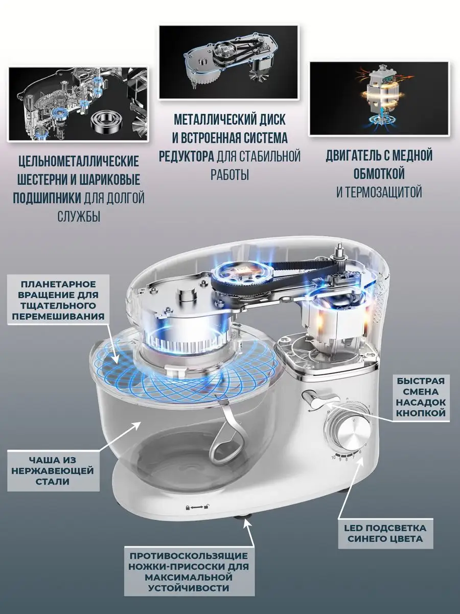 MOJO Миксер планетарный стационарный SM-355, чаша 5.5 л, 1300 Вт