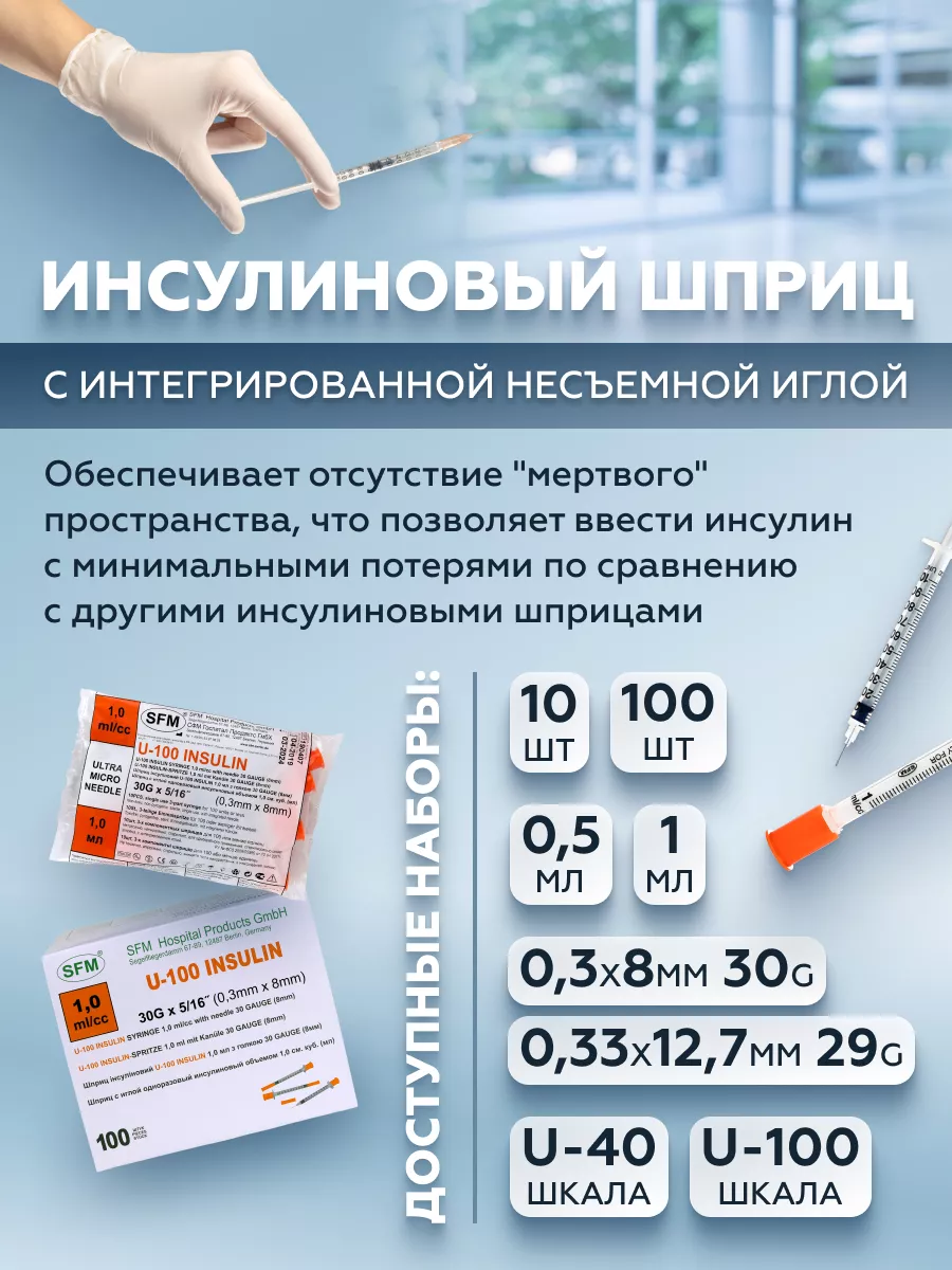 Инсулиновые шприцы 1 мл U-40 с иглой 29G 0,33х12,7мм, 100шт SFM Hospital  Products GmbH купить по цене 2 415 ₽ в интернет-магазине Wildberries |  21604491