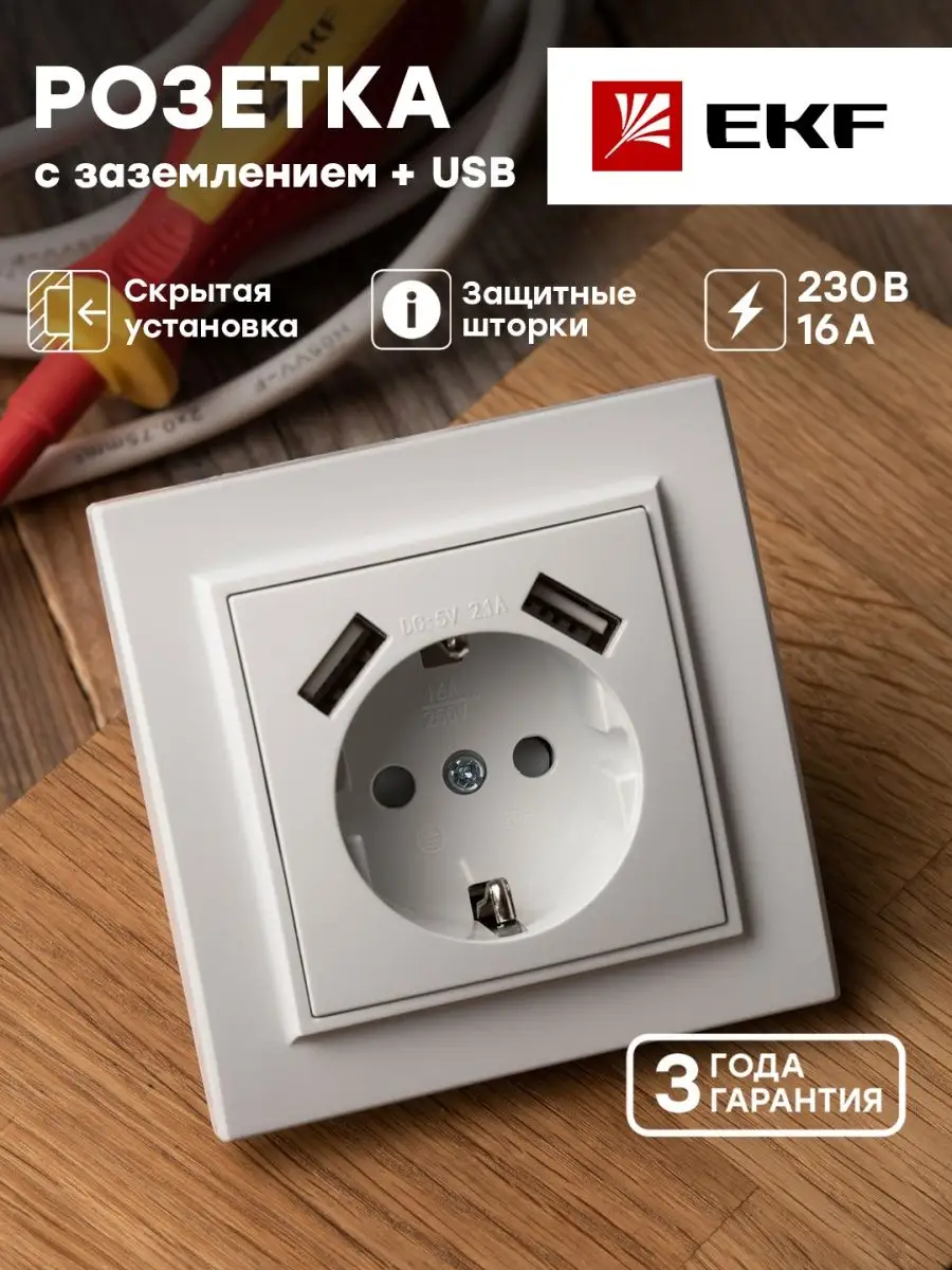 EKF Минск Розетка 1-местная СП с-з 2 USB